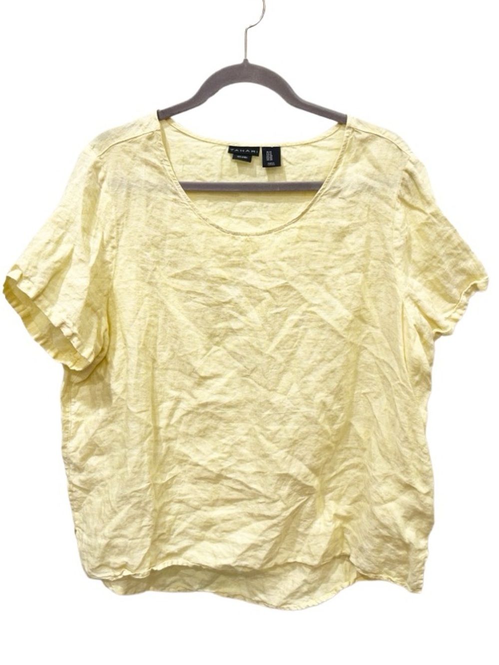 Tahari Pale Yellow Linen Scoop Neck Short Sleeve Top